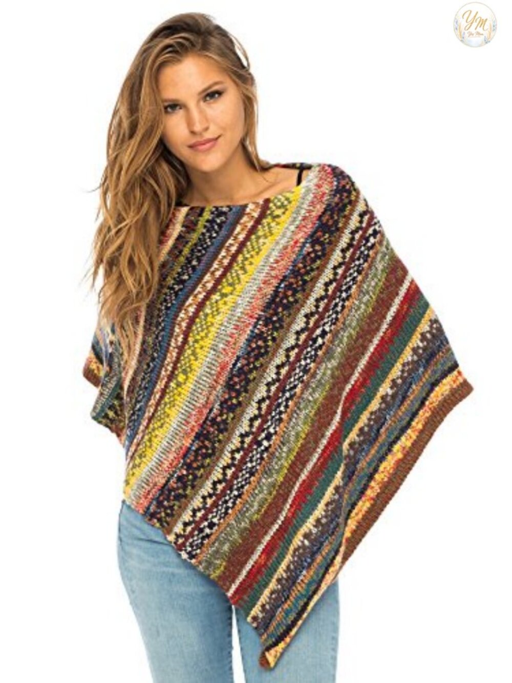 Boho Striped Knit Poncho Sweater Cape Tunic Shawl